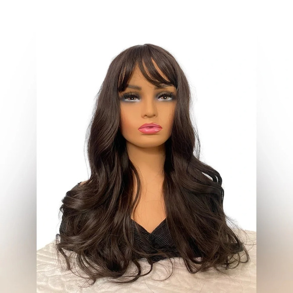 25 Inch Chocolate Brown Wavy Long Wig With Bangs - Picture 3 of 10